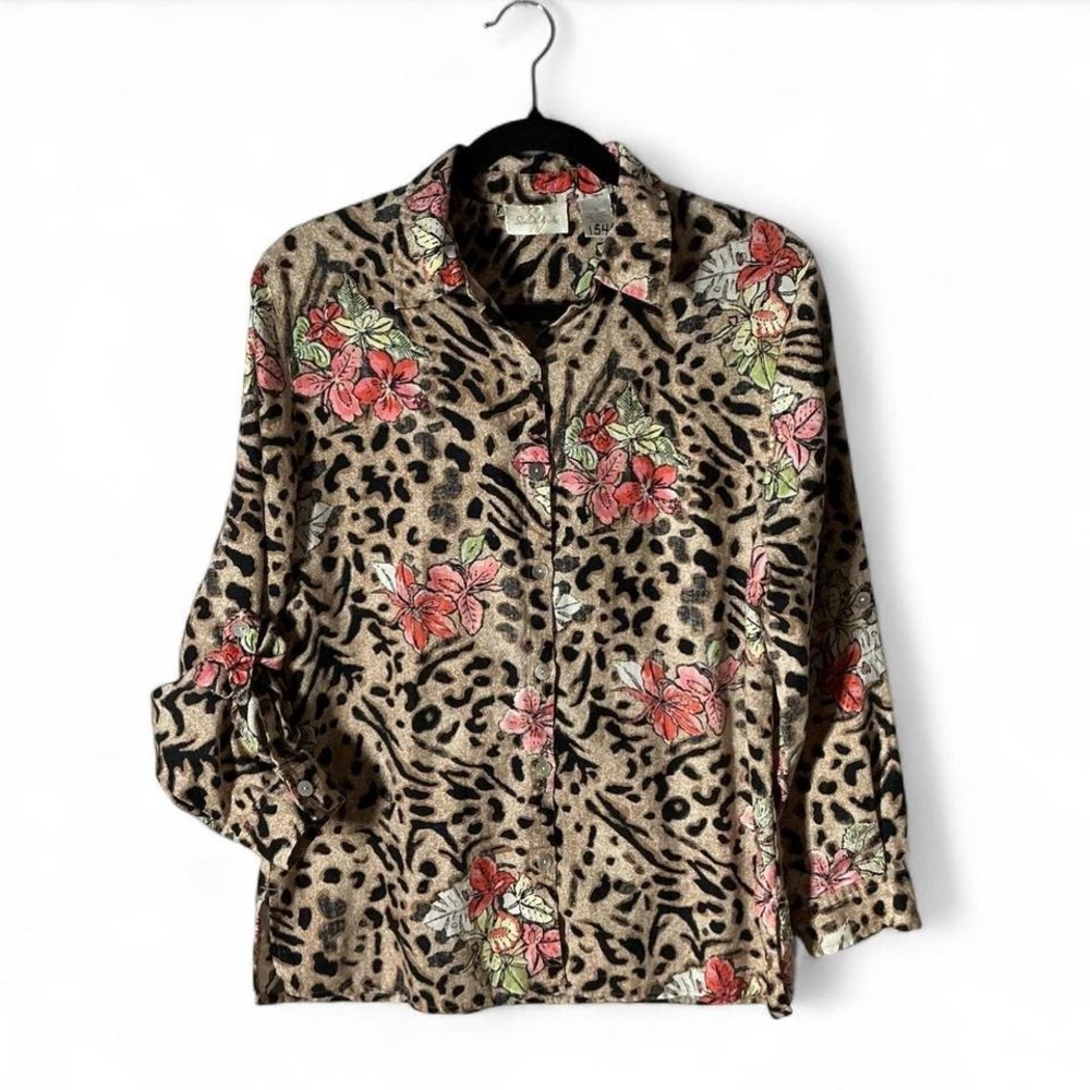 Studio Works‎ Womens Linen Shirt Leopard Floral Tropical Preppy Button Down S